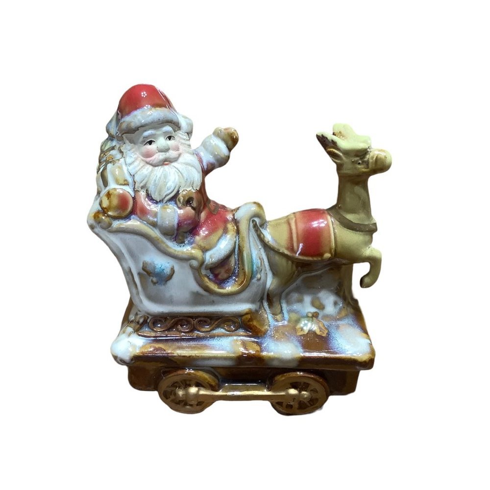 Santa Reindeer Train Ceramic Decoration from Macy’s 4” x 5” Red Gold‎ Hues